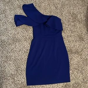 Aqua from Bloomingdale’s blue one shoulder mini dress